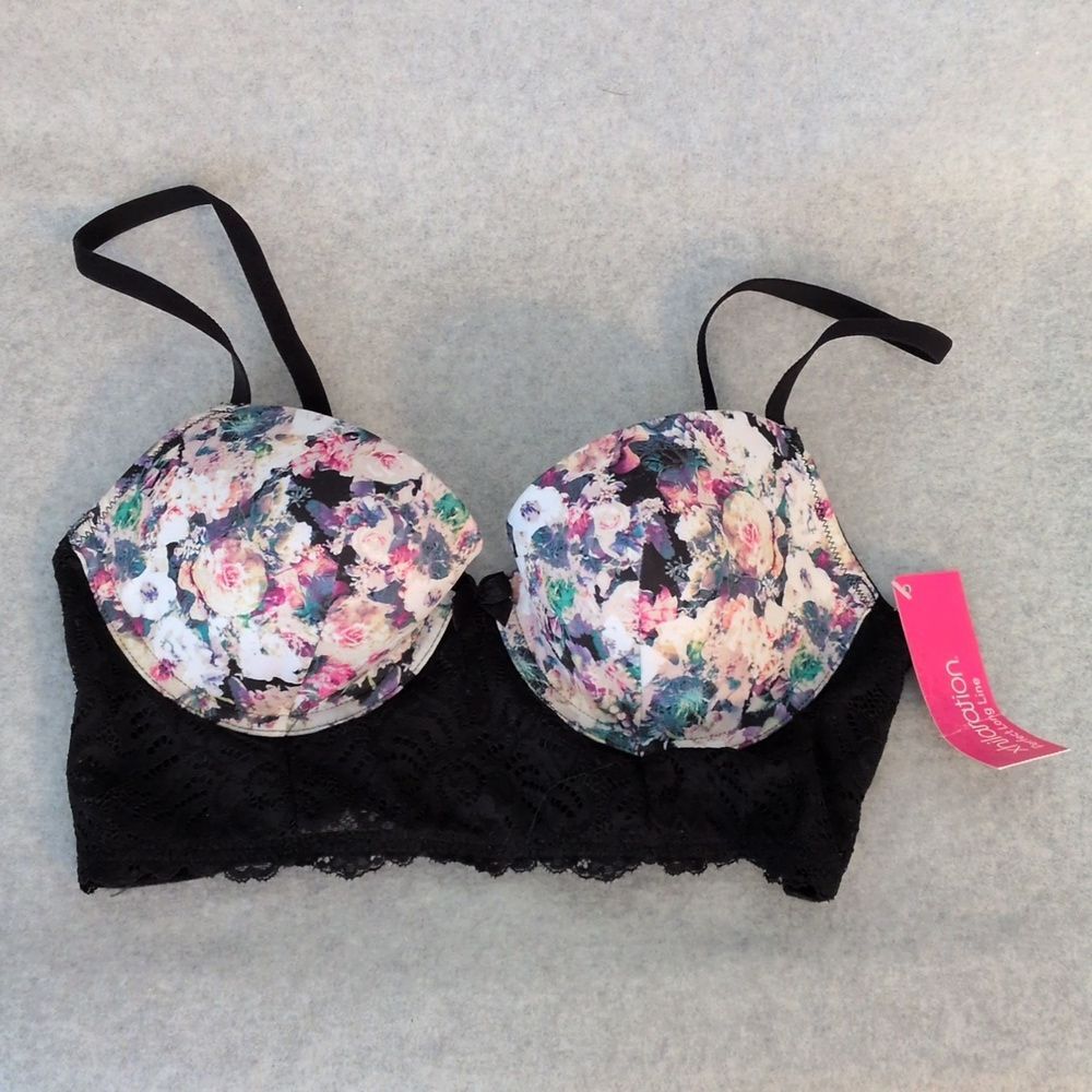 Xhilaration Perfect Long Line Floral Black Lace Bra 34B NWT